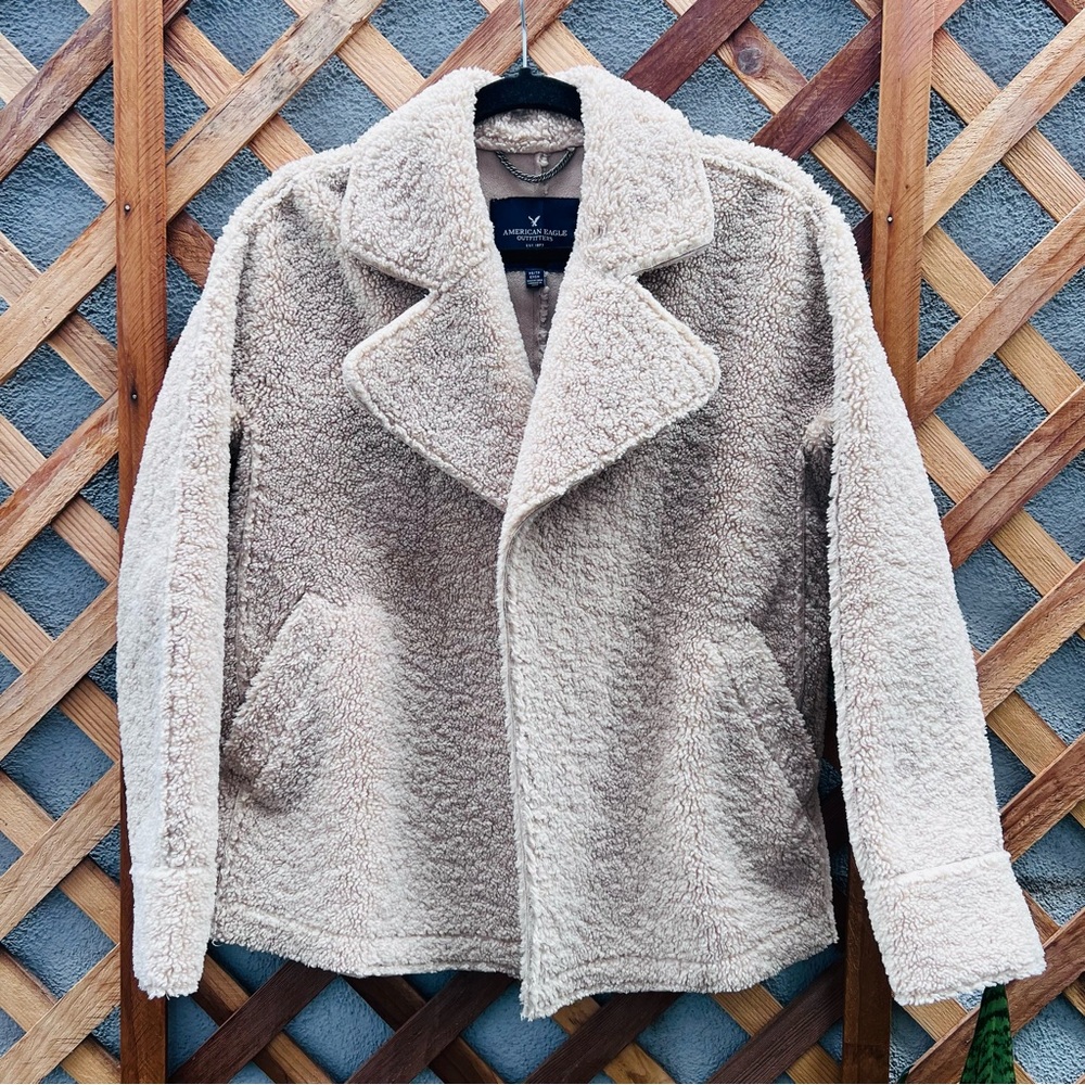 American Eagle Outfitters Cream Pea Coat Textured Wool-Blend